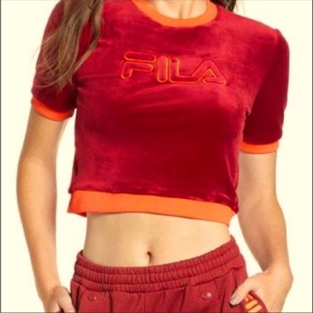 FILA Emiliana Velour Womens Ringer Crop Top Berry Red with Orange Medium